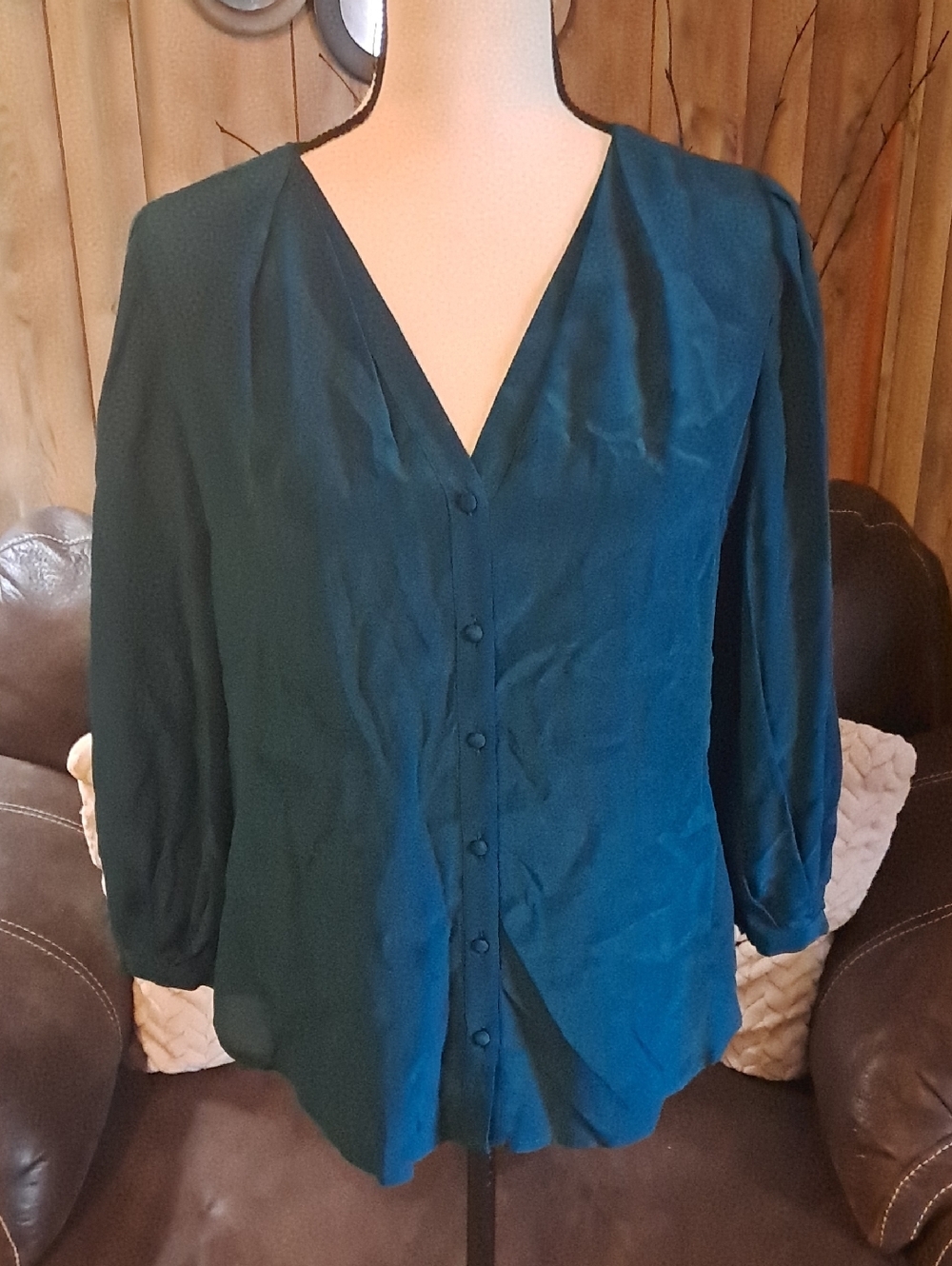 Odille Anthropologie Teal Button-Front V-Neck Puffed 3/4 Sleeve 100% Silk Blouse